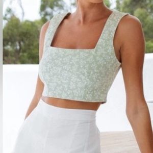Floral Sage Green Square Neck Crop Tank